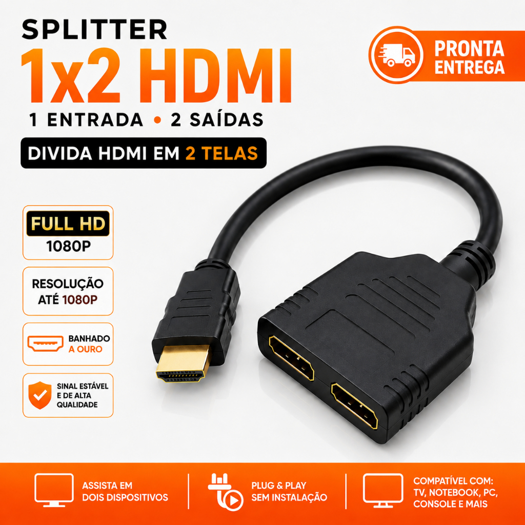 Splitter HDMI 1x2 Divisor de Tela 1 Entrada 2 Saídas Para TV Monitor Notebook Duplicador HDMI