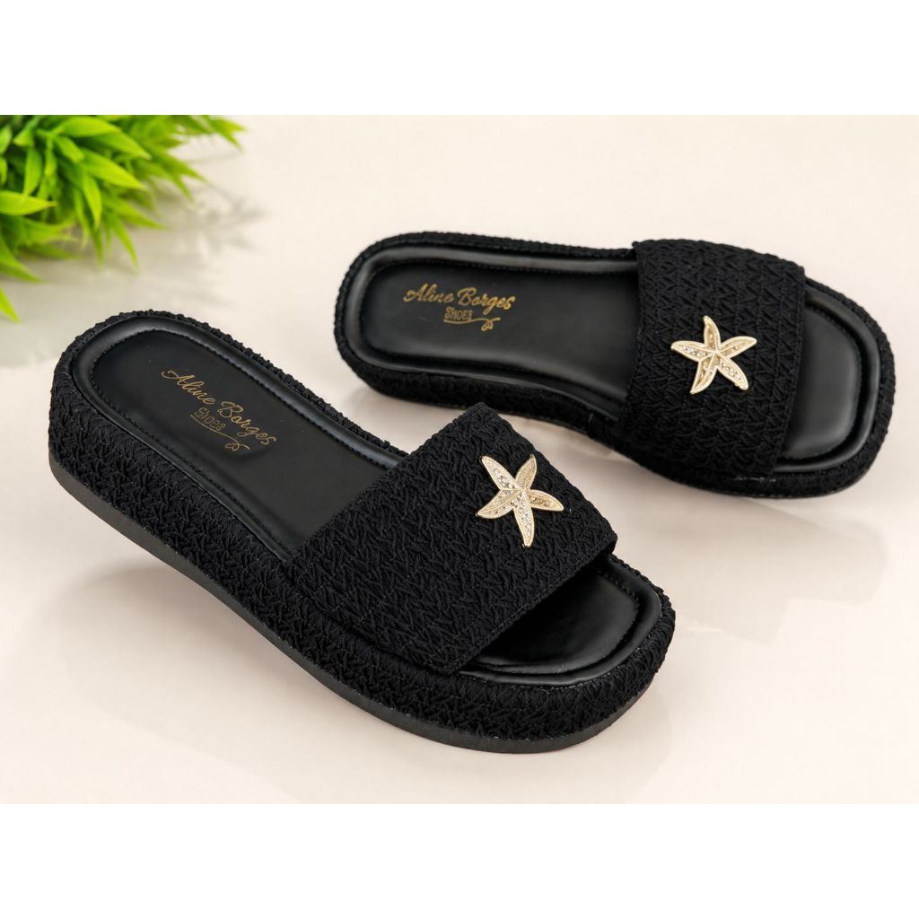Sandália Feminina Plataforma Anabela Flatform Off White com Detalhe Estrela Dourada, Confortável e Casual, Ideal