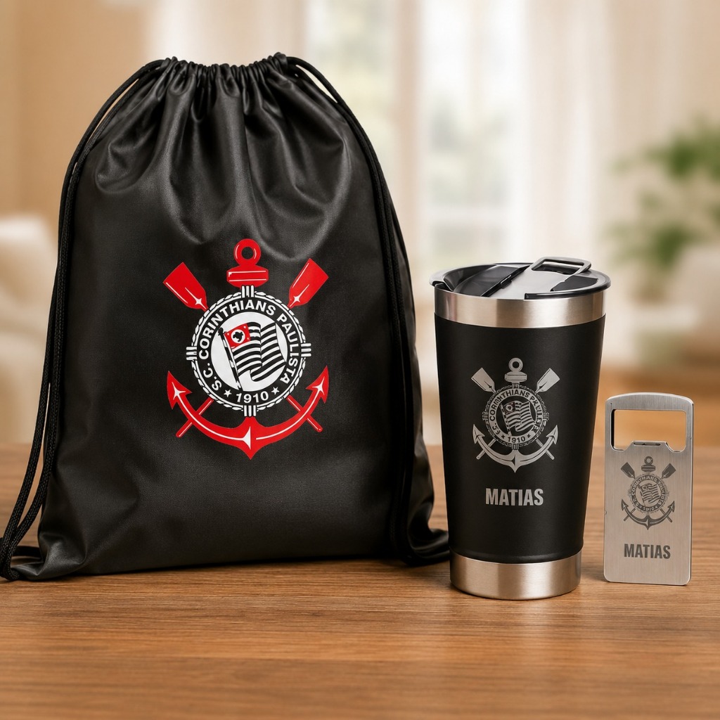 Kit Torcedor Corinthians Copo Térmico 473ml Sacochila Tampa Abridor Preto