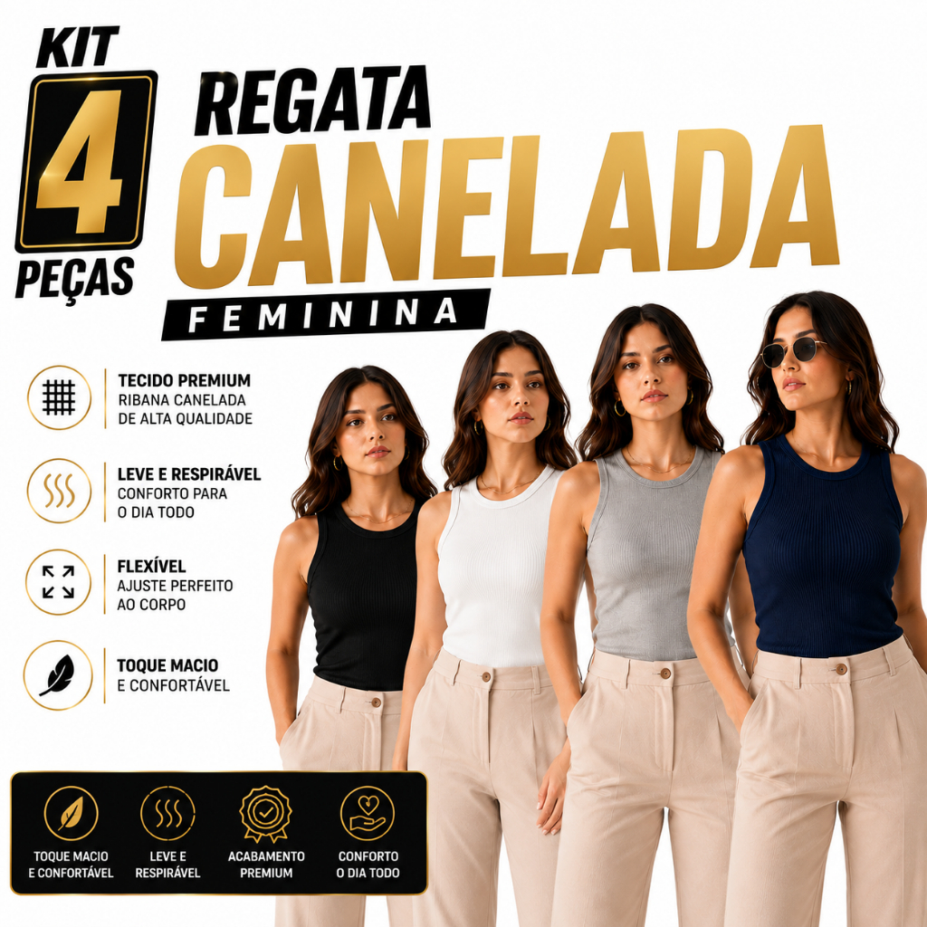 Kit 4 Regatas Femininas Caneladas Ribana Algodão com Elastano Blusa Básica Premium Casual