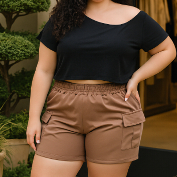 Shorts Bermuda Feminino Moletinho Cargo Plus Size 2 Bolsos Cós Elástico Moda Verão Confortável