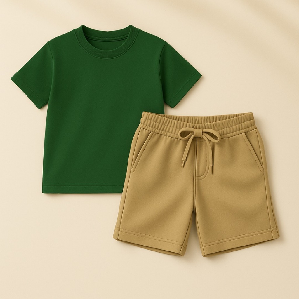 Conjunto Bermuda Bege Com Bolso + Camiseta Algodão Lisa Infantil Kids Juvenil