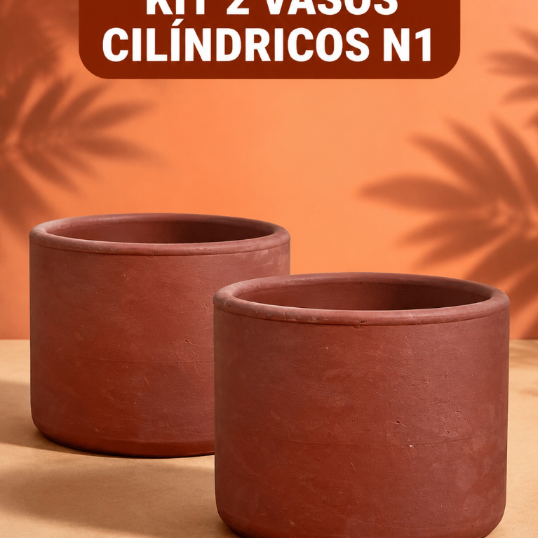 Kit Duplo 2 Vasos Cerâmica Barro Cilíndrico N1 Terracota 20,5x13,5cm