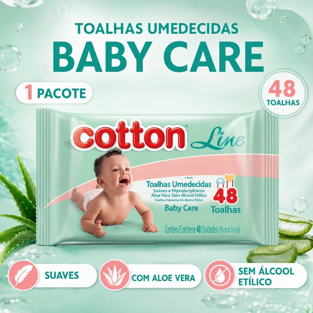 Toalhas Umedecidas Cotton Line Aloe Vera Sem Álcool Hipoalergênicas Pacote com 48 Unidades
