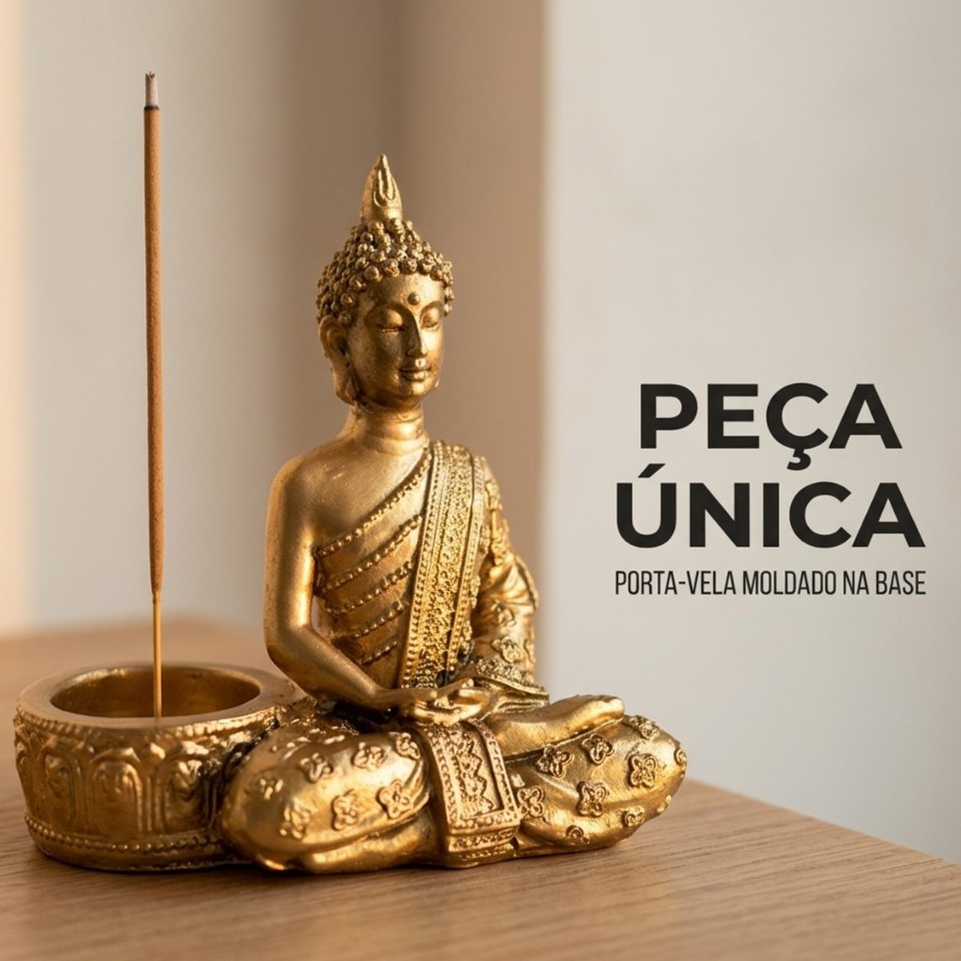Imagem Porta Vela e Incensário Buda Gesso 11cm Castiçal Dourado Prata ou Cru Estátua Buda Meditando Zen Altar