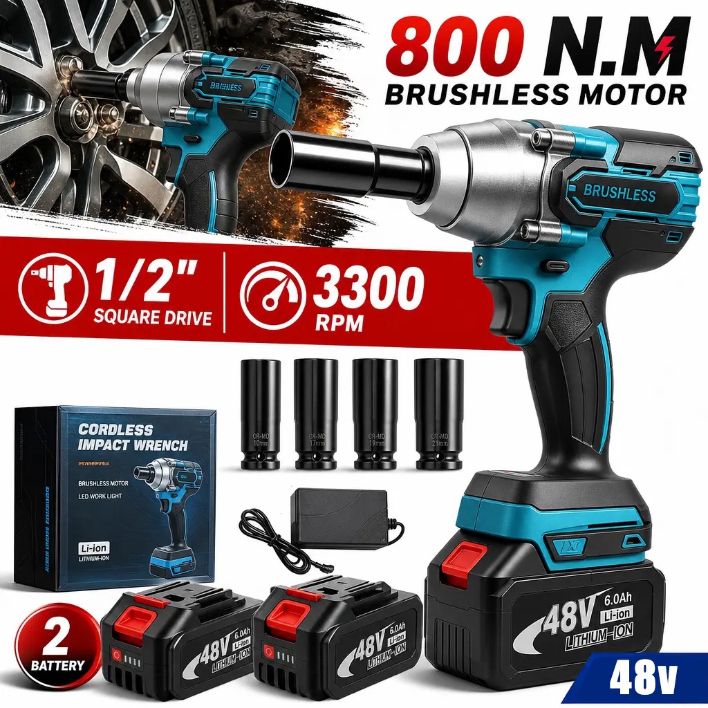 Chave De Impacto 48V 800Nm Brushless Sem Fio Parafusadeira 2 Baterias Soquetes LED Para Carro Pneus Oficina