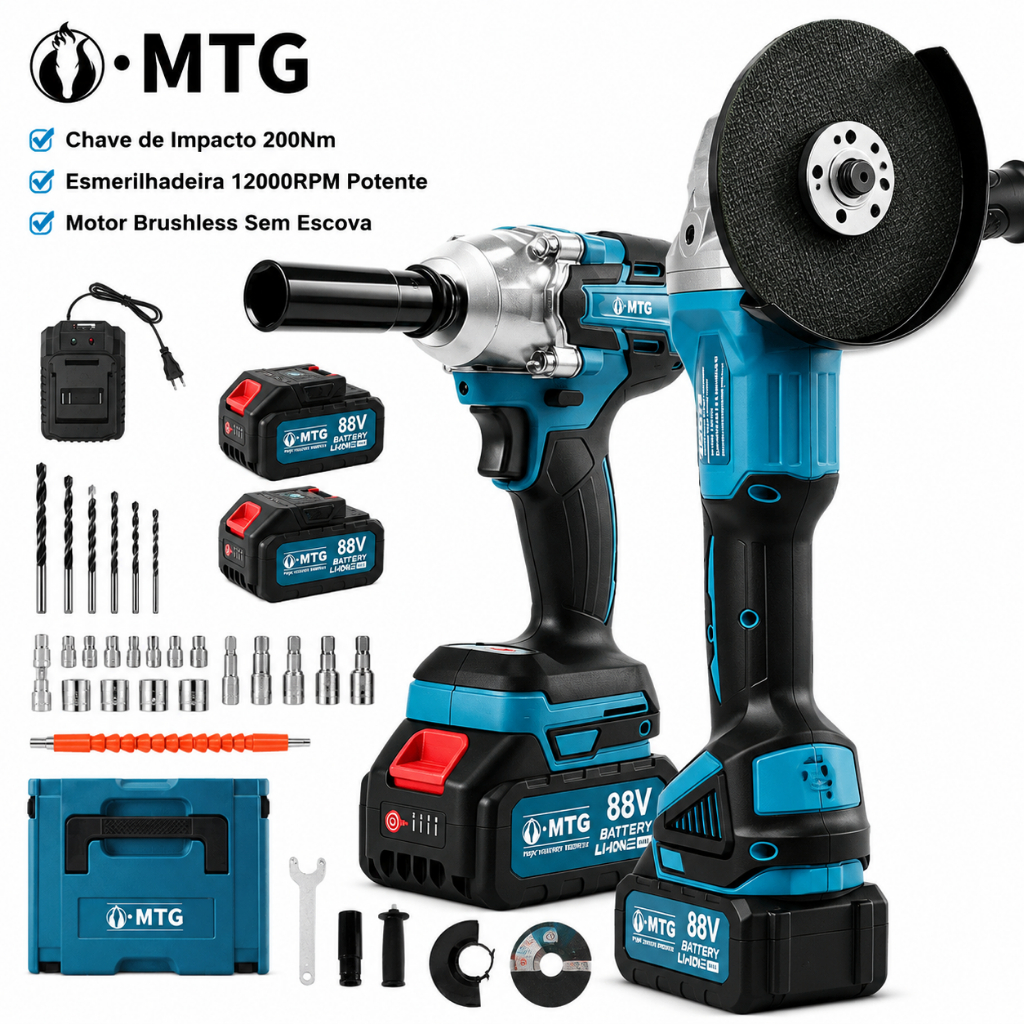Kit 2 em 1 Chave de Impacto + Esmerilhadeira Angular Sem Fio Brushless 200Nm 12000RPM 2 Baterias com Acessórios