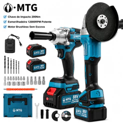 Kit 2 em 1 Chave de Impacto + Esmerilhadeira Angular Sem Fio Brushless 200Nm 12000RPM 2 Baterias com Acessórios