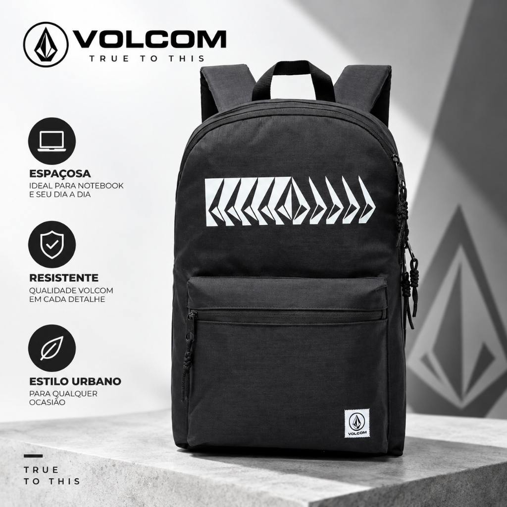 Mochila Volcom Masculina Notebook Reforçada 20L Escolar Esportiva Preta Original