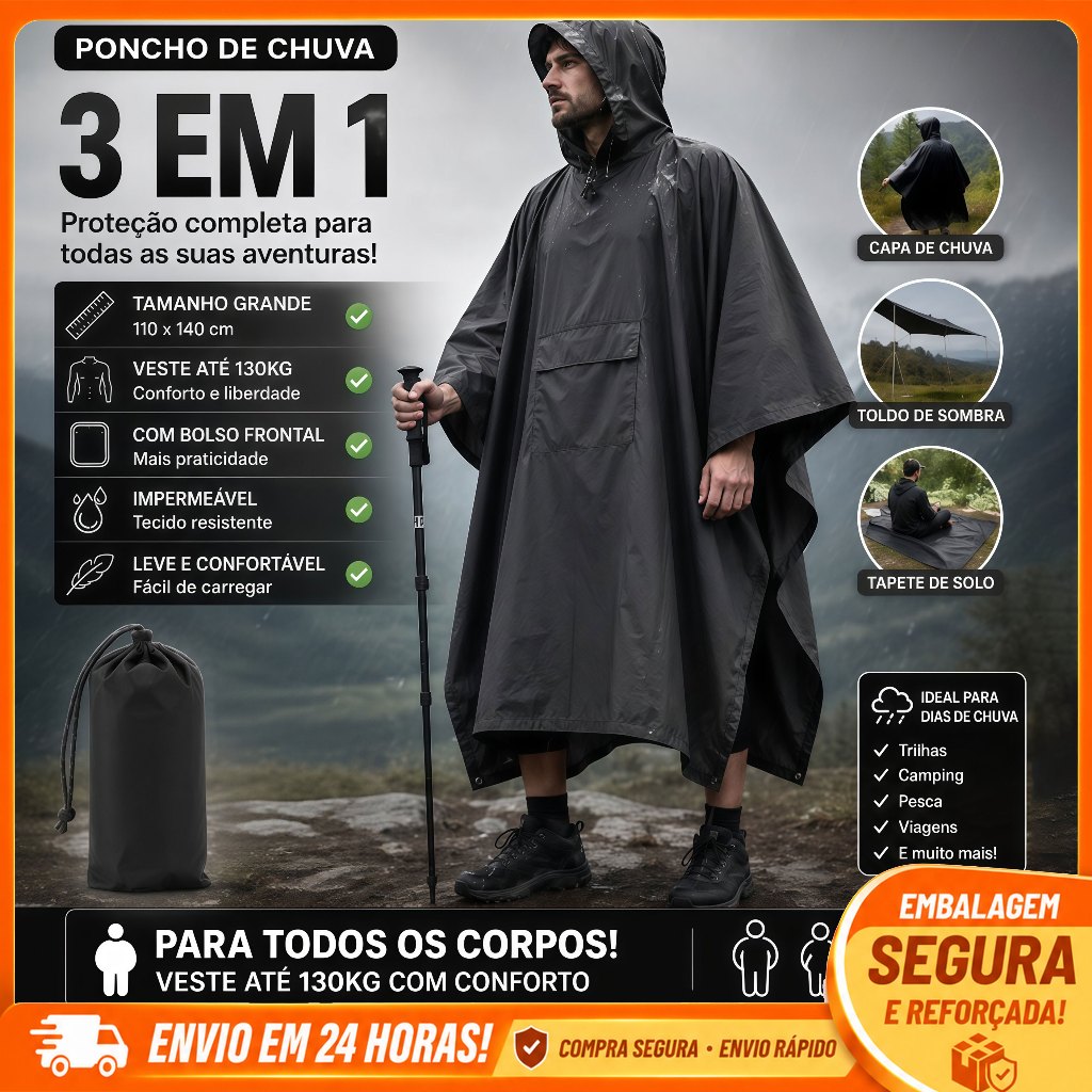 Poncho Impermeável com Capuz Unissex 110x140cm Leve e Amplo | Capa de Chuva para Trilha, Camping e Ciclismo