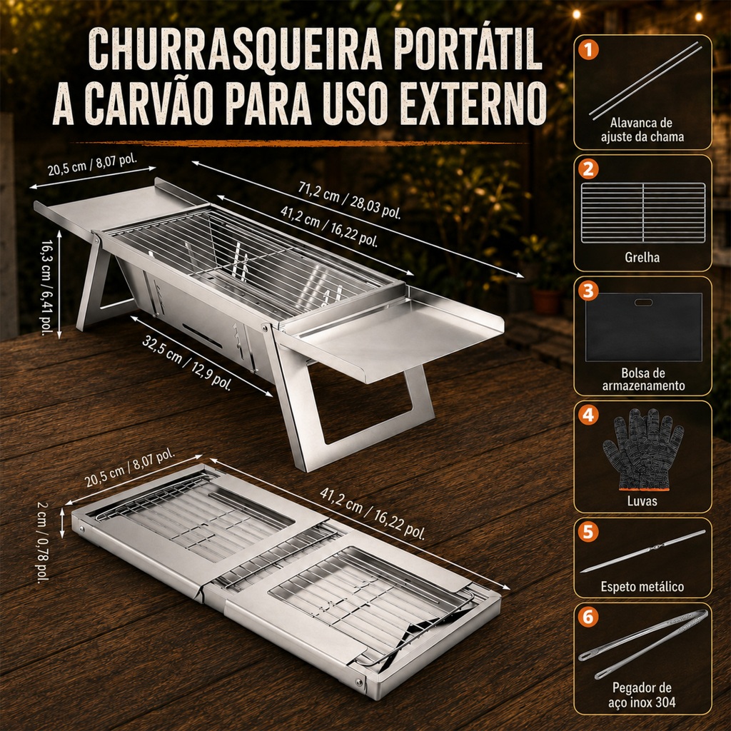 Churrasqueira Portátil Dobrável Inox 304 Carvão - 71x21x16.5cm E Pinça Para Picnic, Quintal, Terraço E Camping