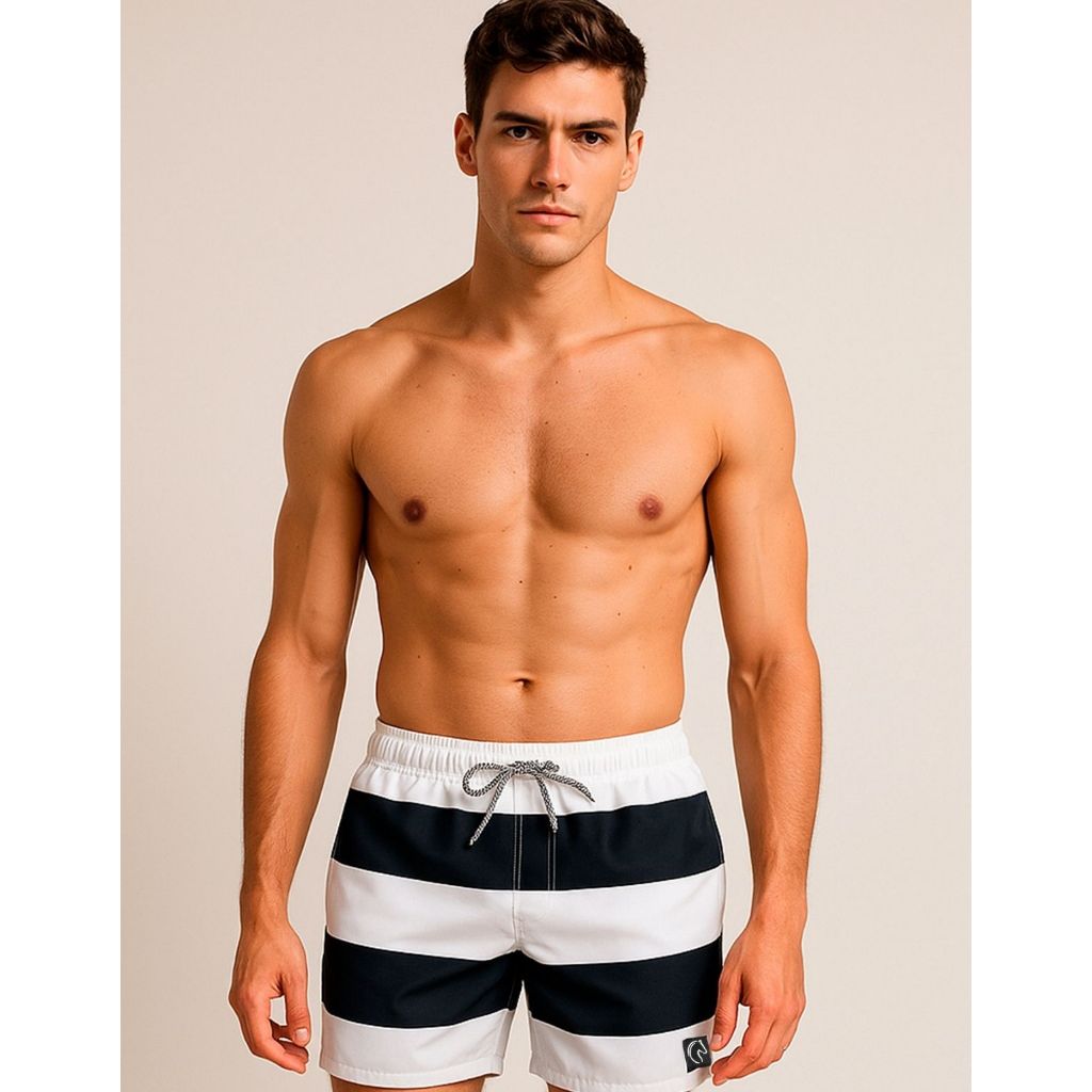 Shorts Bermuda Masculina com Elastano Estampada Moda Praia Verão Academia Estampa Listras Listrada Preta Branco