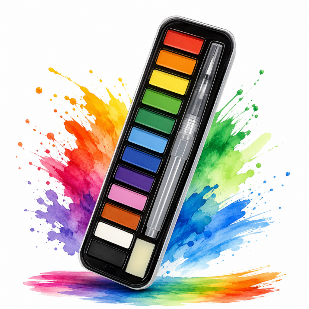 Estojo Tinta Aquarela Pastilha 12 Cores Pincel Lavável Kaz Atóxica