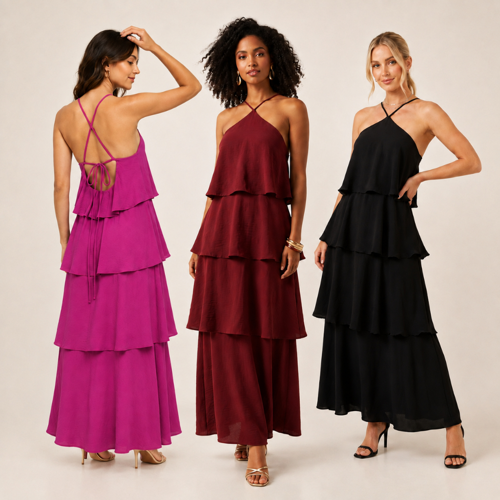 Vestido Longo Feminino em Camadas | Alças Finas | Tecido de Caimento Leve | Festa, Casamento e Eventos | P ao GG
