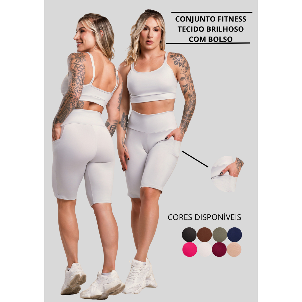Conjunto Fitness Feminino Brilhoso Academia Top Alça e Bermuda Com Bolso Cintura Alta Brilho Look ZERO TRANSPARÊNCIA