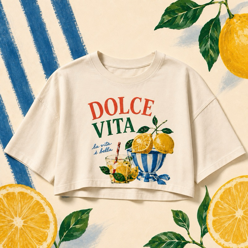 Cropped Oversized Feminino Dolce Vita Itália Estampado Verão Moda Jovem Casual Streetwear Estiloso Confortável Charmoso