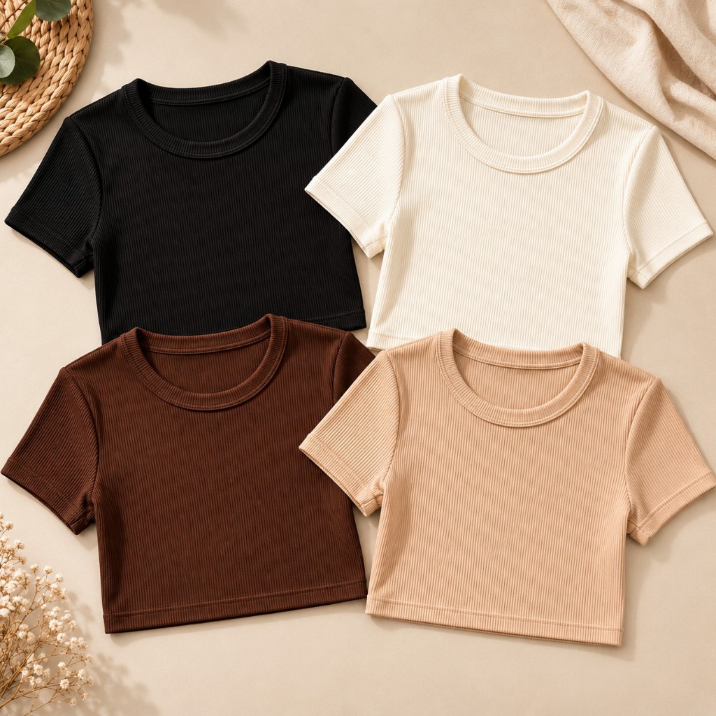 Cropped Feminino Ribana Canelado Manga Curta Blusa Básica Justa