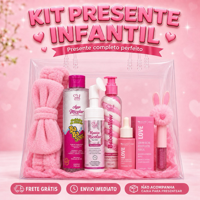 Kit Presente Infantil Skincare Completo Menina 7 Itens Gloss Faixa Spa Sérum Mousse Micelar Sabonetes