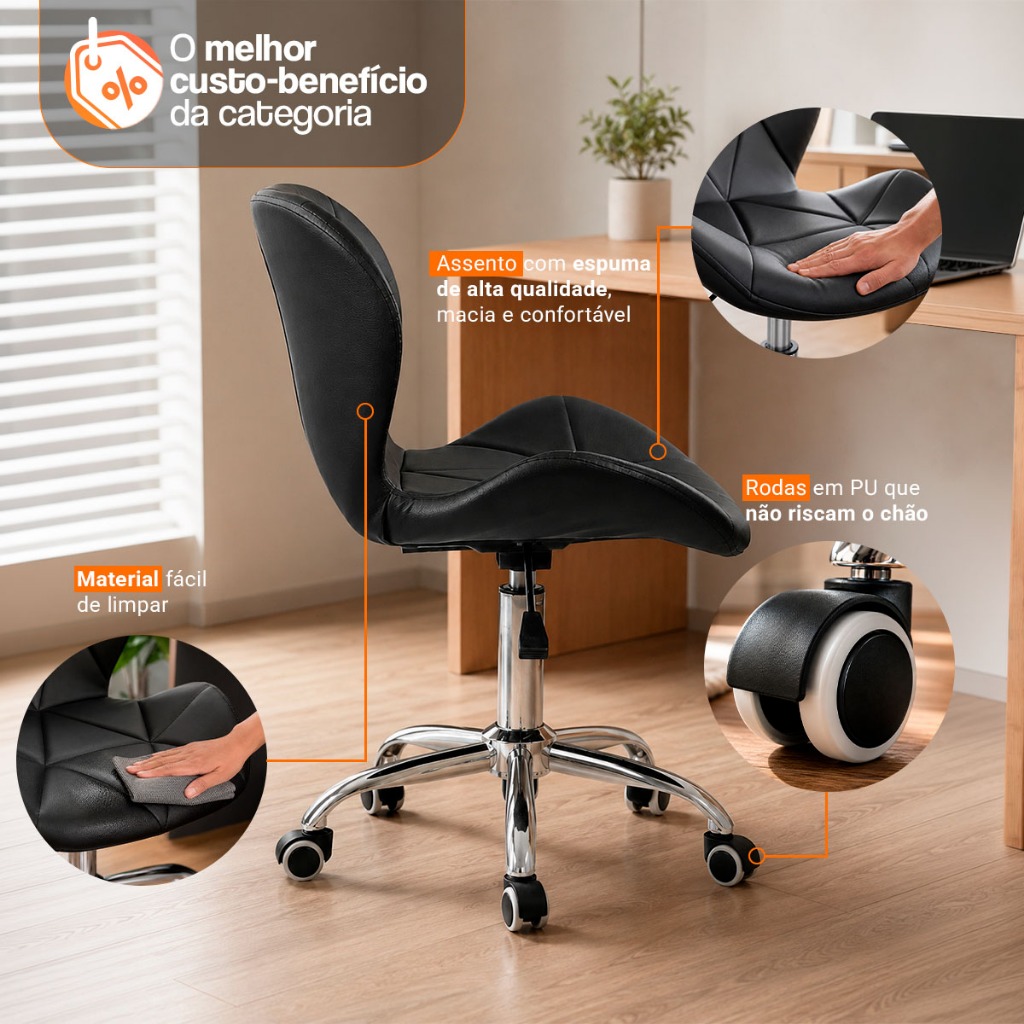 Cadeira Office Eiffel Slim Giratória Base Cromada com Rodízios e Ajuste de Altura Preta · foto 2