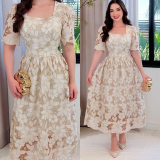 Vestido Midi Bordado em tecido Rechilieu Feminino Moderno Elegante Moda Modesta Evangélica