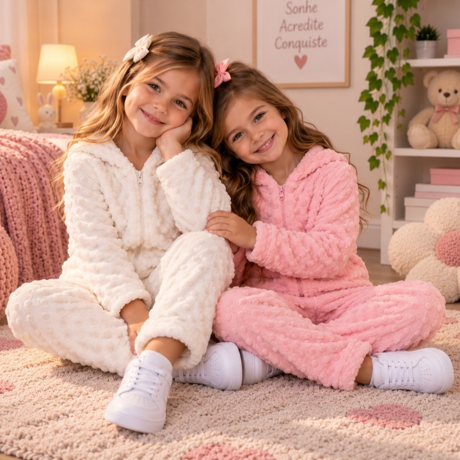 Conjunto Infantil Menina Inverno 2 Peças Casaco com Capuz + Calça Peluciada Macia Quentinha