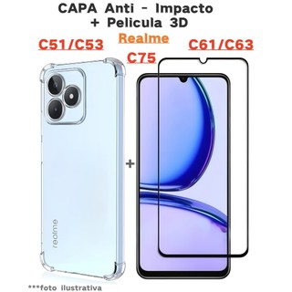 Capa Transparente + Película 3D de Vidro Compatível Com Realme C51/C53/C61/C63/C75