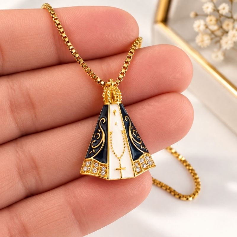 Corrente Nossa Senhora Aparecida Banhada a Ouro Aço Inoxidável Veneziana 40cm com Extensor Pingente 2cm