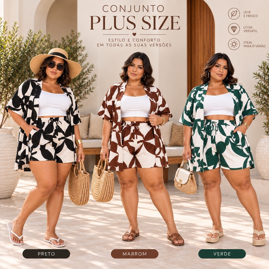 Conjunto Estampado Kimono e Short Feminino Plus Size Praia Piscina Solto Verão Elegante