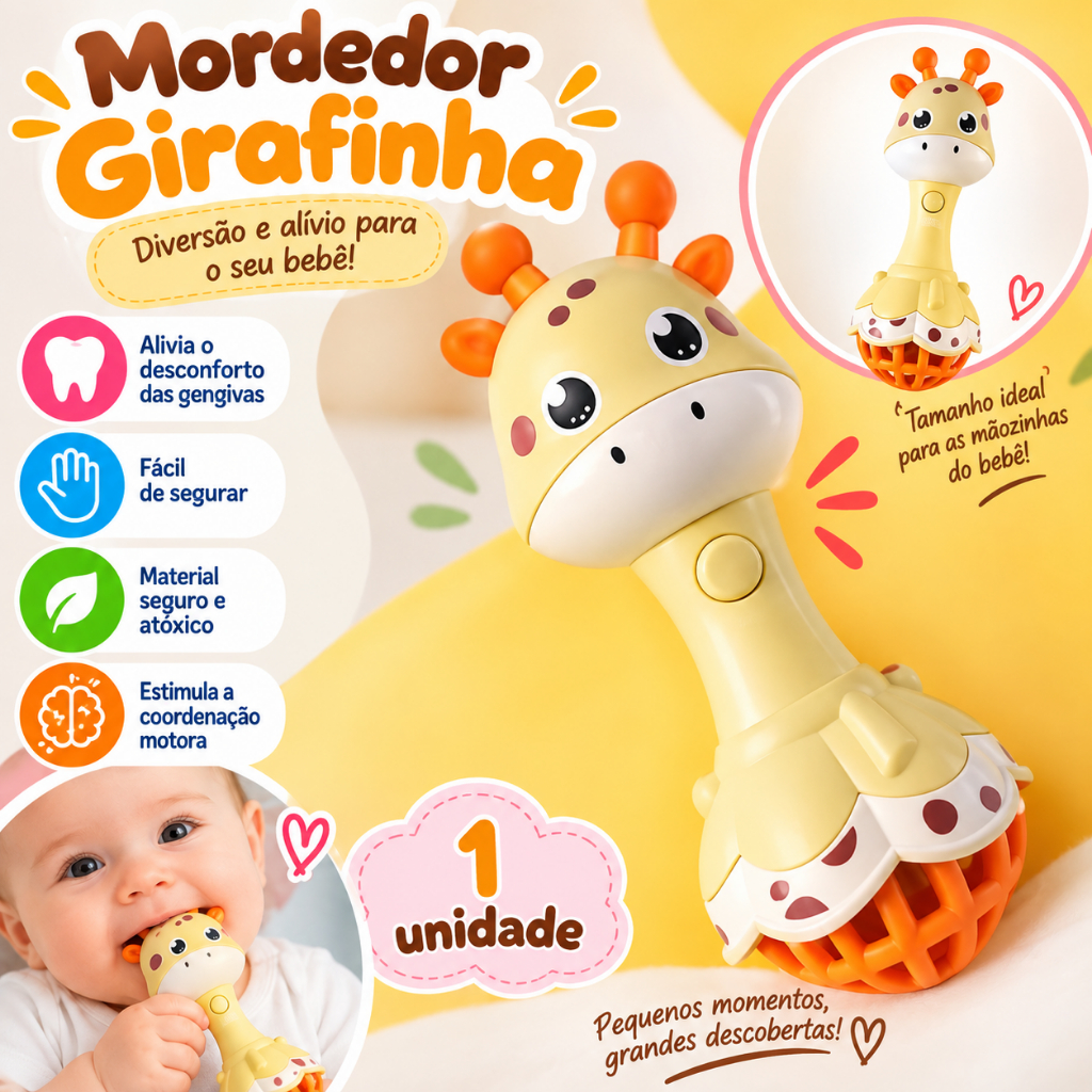 Chocalho e Mordedor Musical com Luz Girafinha Amarela - Kitstar - Estimulação Sensorial