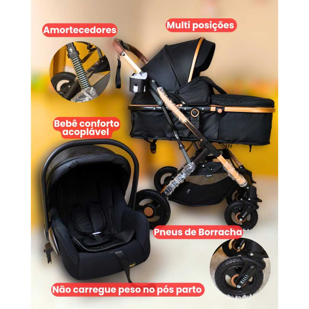 Carrinho de Bebê Moisés Dobravel e Bebê Conforto Modelo Belecoo Luxo kit completo menino menina,25kg
