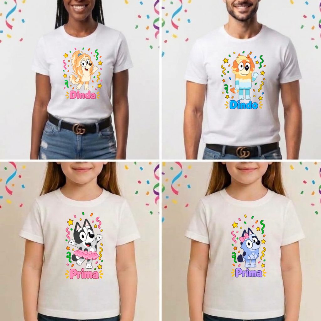 Camiseta Branca Aniversario Bluey Muffin Bingo Dinda Dindo Prima Algodão Premium Kit
