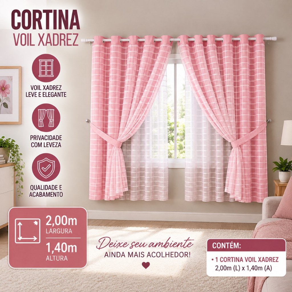 Cortina Com Blackout 2,00m x 1,40m PVC c/ Tecido Voil Xadrez Varias Cores Janela Quarto Sala