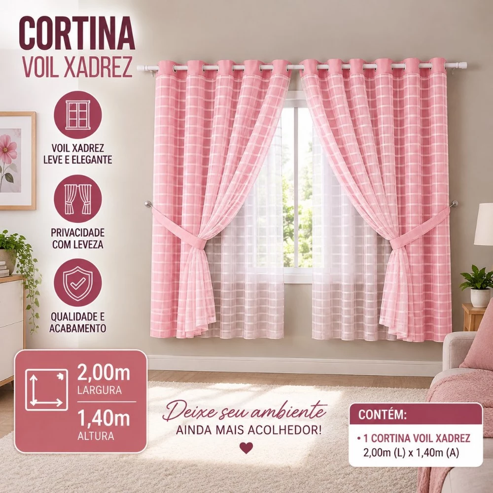 Cortina Com Blackout 2,00m x 1,40m PVC c/ Tecido Voil Xadrez Varias Cores Janela Quarto Sala