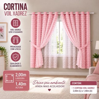 Cortina Com Blackout 2,00m x 1,40m PVC c/ Tecido Voil Xadrez Varias Cores Janela Quarto Sala