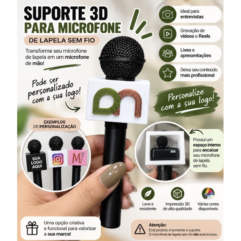 Suporte 3D para Microfone de Lapela Sem Fio Personalizado com Logo