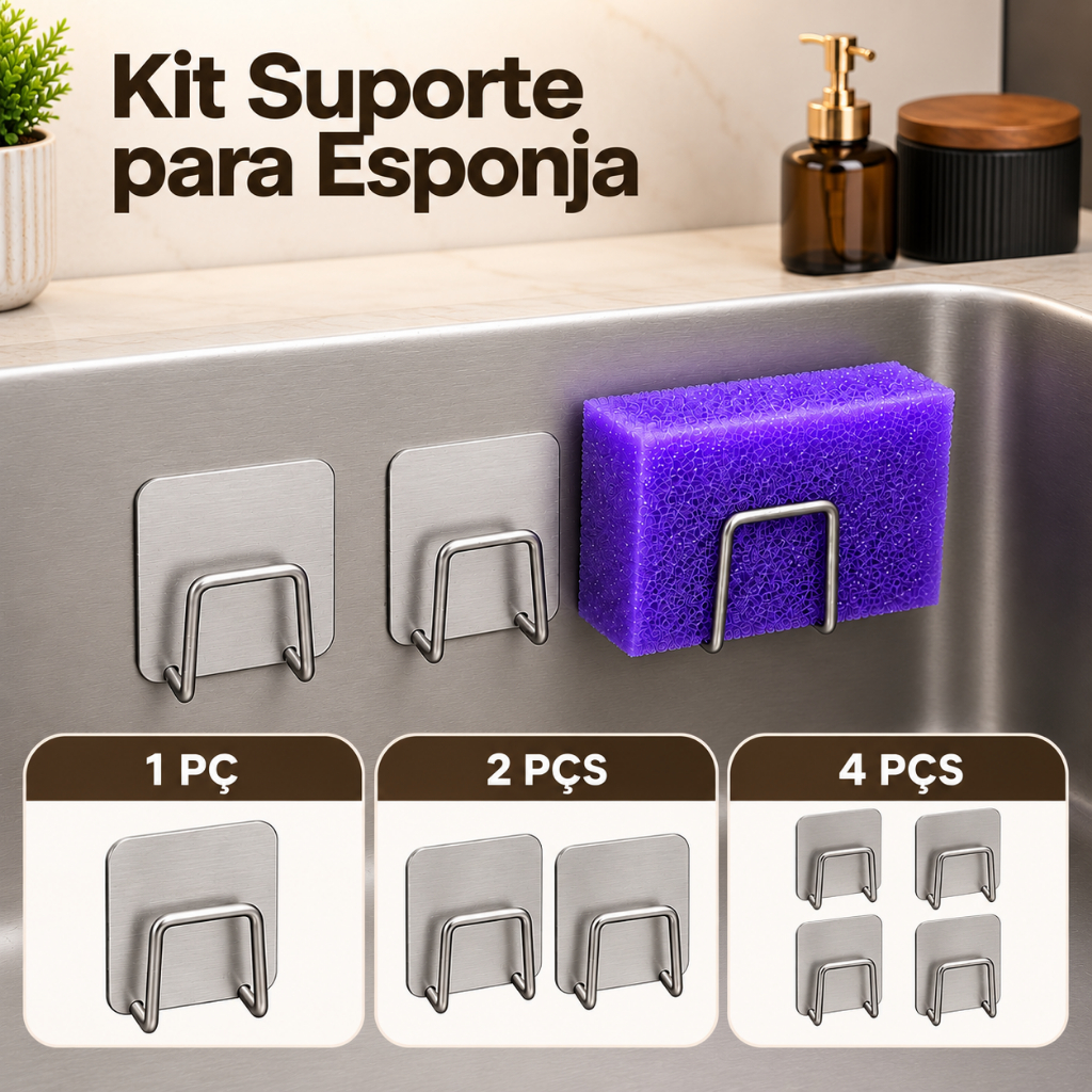 Suporte Porta Esponja Bucha Gancho de Pia e Cozinha Aço Inoxidável Autocolante Linha Premium