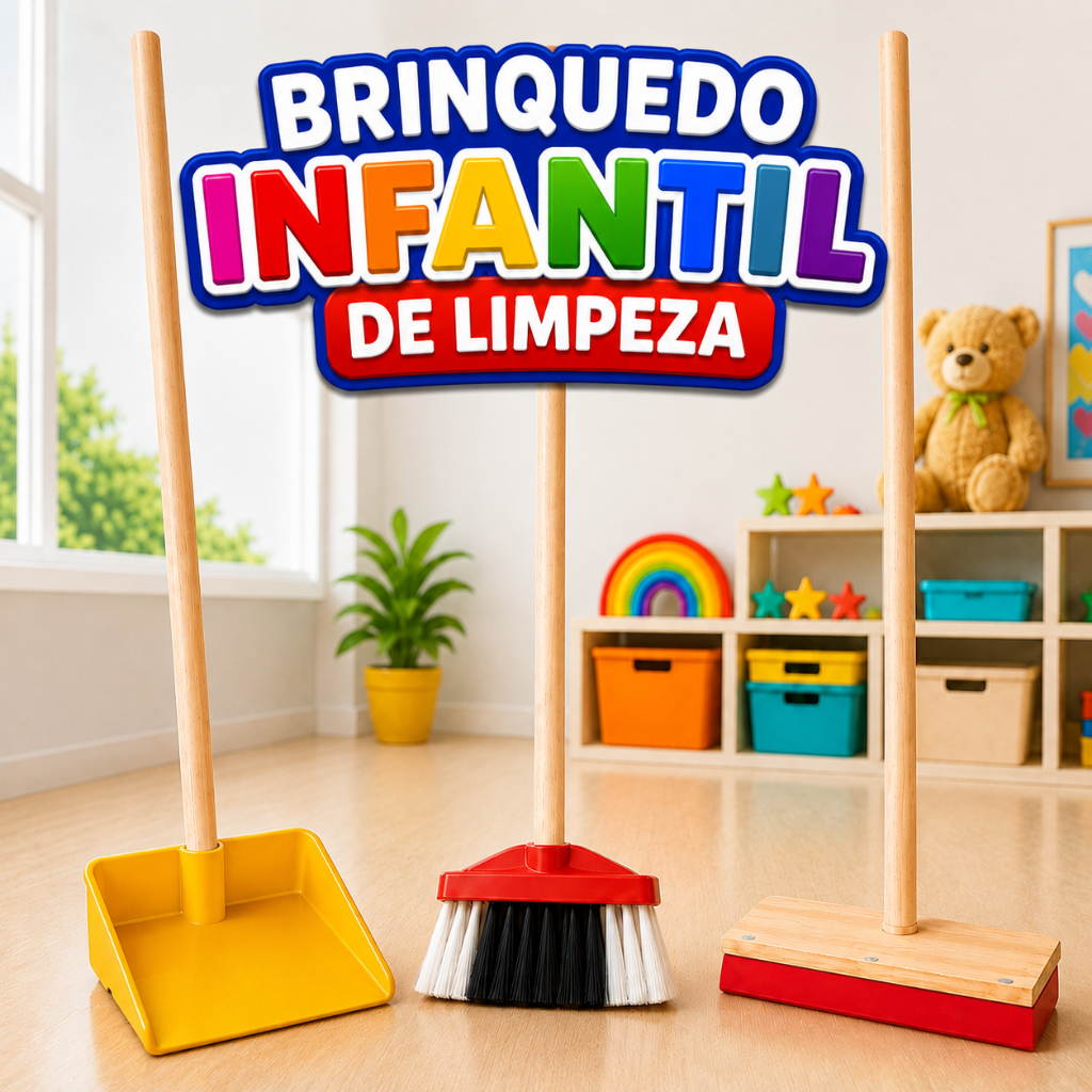 Brinquedo Infantil de Limpeza Mini Vassoura Rodo e Pá Brinquedo Educativo Cabo de Madeira e Selo Inmetro