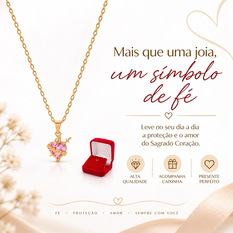 Colar Feminino Sagrado Coração De Maria Rosa Banhado A Ouro