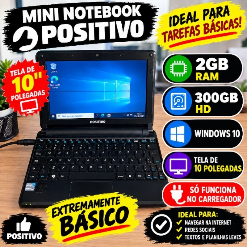 Notebook Mini Positivo 2GB RAM HD 300GB  Básico Trabalhar Estudar Navegar Seminovo