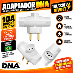Adaptador Tomada DNA T 3 Saídas de 2 Pinos Plug Bipolar Benjamin 10a Bivolt