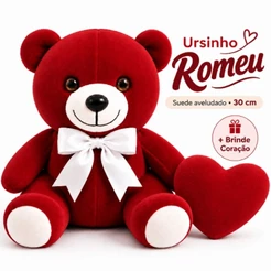Ursinho de Pelúcia Romeu 30cm Vermelho Clássico ou Rubi + Coração de Brinde | Presente Romântico