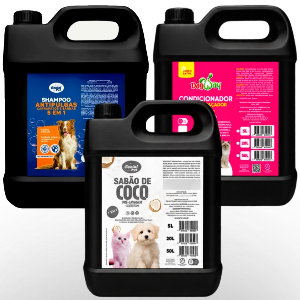 Kit Banho e Tosa Pré Lavagem Coco Sabao + Shampoo Anti Pulgas + Condicionador Para Caes e Gatos 5L Profissional