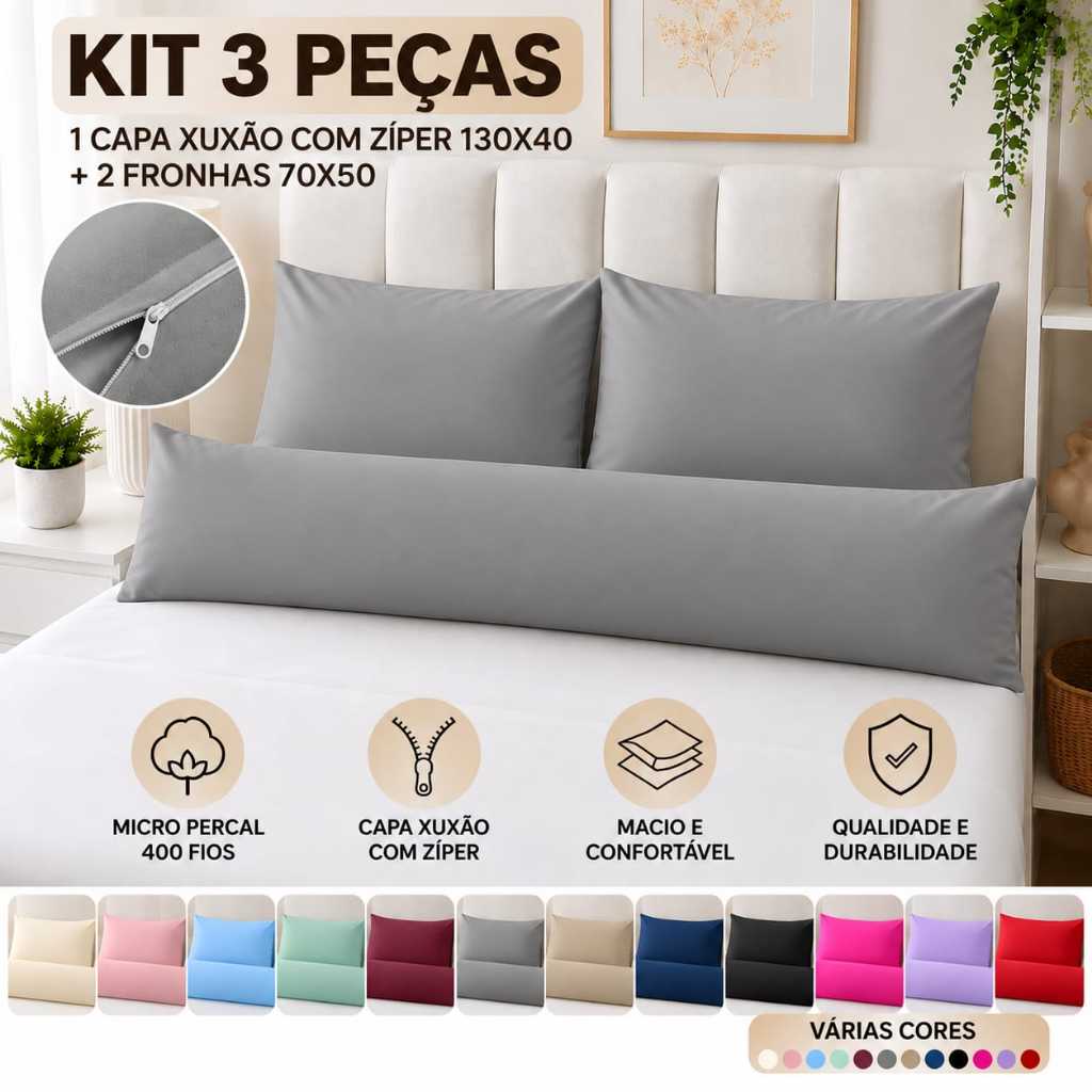 Fronha Xuxão + 02 Fronhas 70x50, Micropercal 400 fios, Travesseiro de Corpo com Zíper, KIt 03 peças