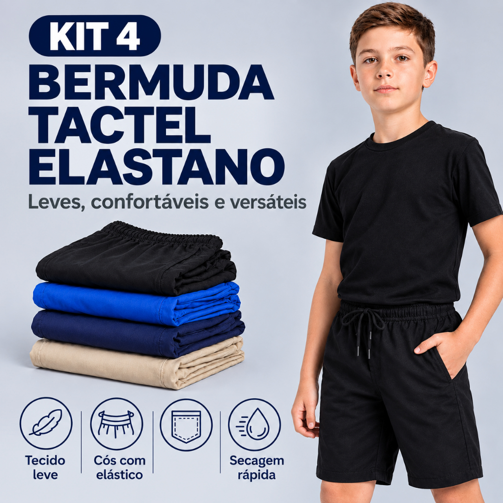 Kit Com 4 Short Infantil Menino |   Bermuda De Tactel Elastano Masculina  infantil Com Duas Bolsos Tamanho 06 a 16 Anos