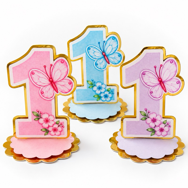 Aplique Número 3D  5 cm Borboleta Jardim Encantado Lilás Rosa, Azul Dourado Personalizado Festa Lembrancinha