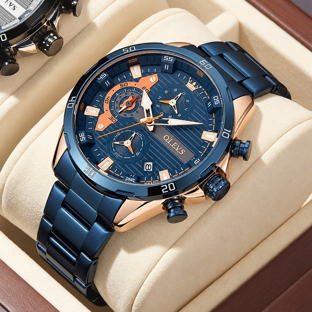 OLEVS Relógio Esportivo Masculino Cronógrafo Design Pinça de Freio Azul Dourado Aço Inoxidável Luminoso 2993