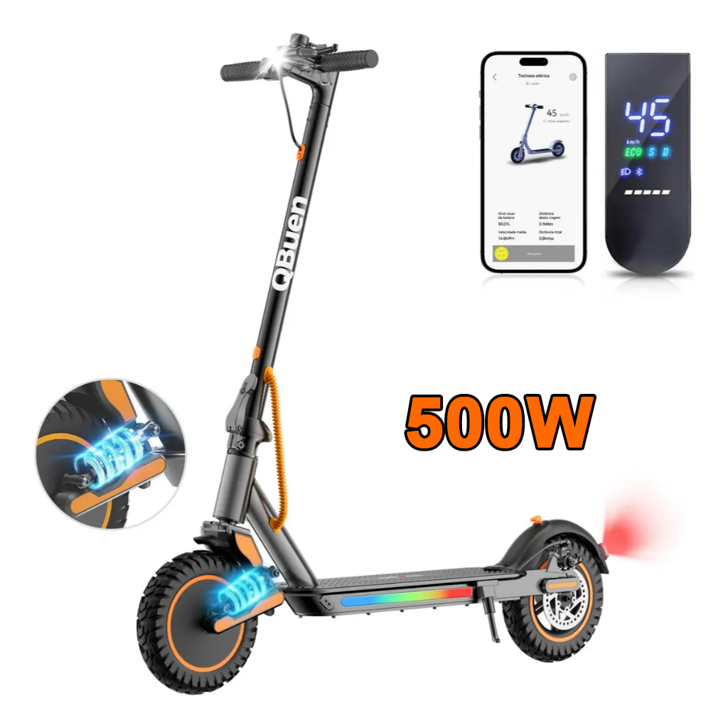 Patinete Elétrico 500W 45km/h - 25km Autonomia, Suspensão, Dobrável, 120kg Carga, Freio Duplo