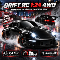 Carro RC Drift 4WD 1:24 2.4GHz 20km/h Recarregável com Luzes LED e Pneus Extras