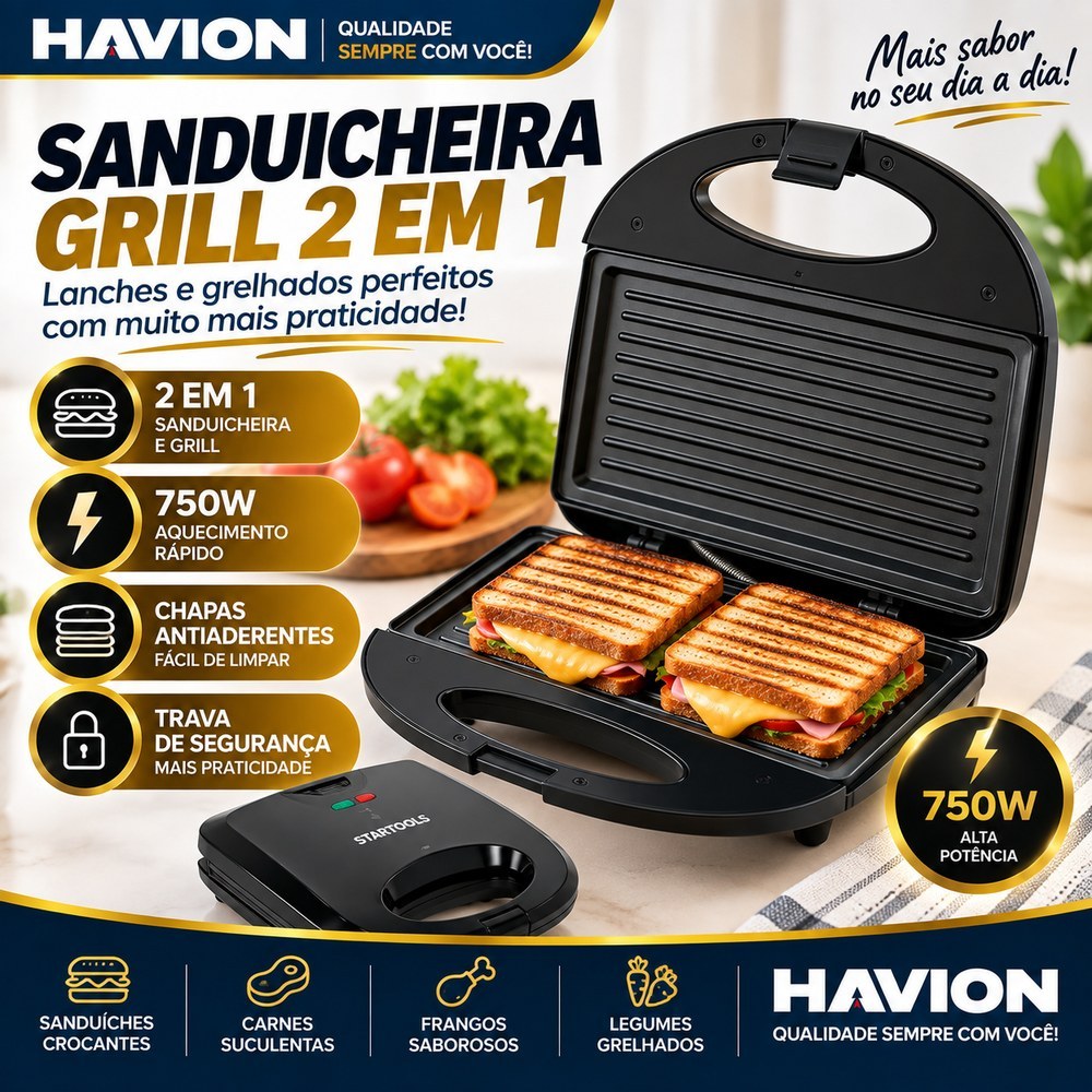 Sanduicheira e Grill Elétrico Misteira Antiaderente Bauruzeira Esquenta Pão 110V 127V 220V Prensa Dupla - X