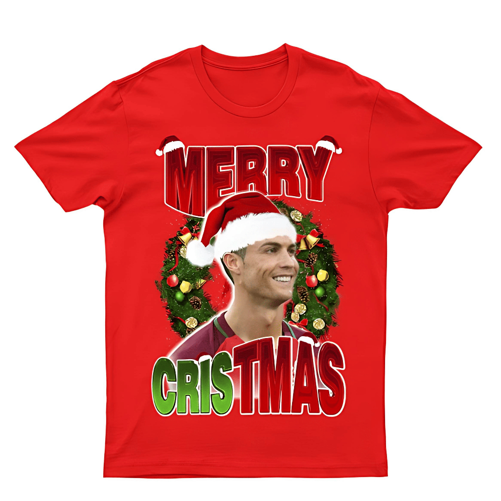 Camiseta Merry Christmas Futebol Natal Camisa Vermelha Estampada Unissex Adulto Infantil 100% Algodão